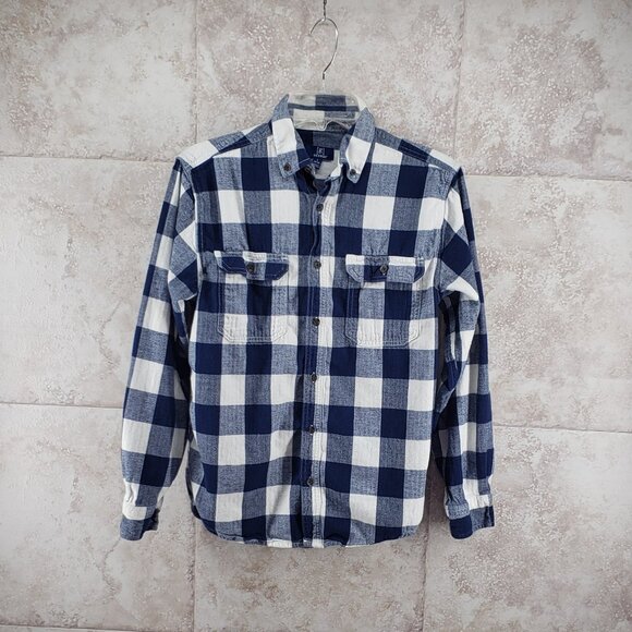Blue Button Down Checked Flannel George Long Sleeve Plaid Shirt Size S 34-36 - Picture 1 of 6